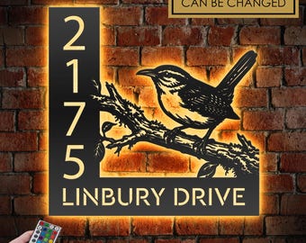 Personalized Wren Bird LED Address Sign - Custom Metal House Number Plaque