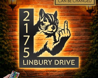 Personalized Squirrel Peeking Funny Middle Finger LED Address Sign - Custom Metal House Number Plaque