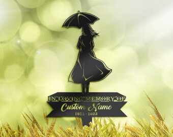 Personalized Memorial Stake, Girl with Umbrella, Sympathy Grave Marker
