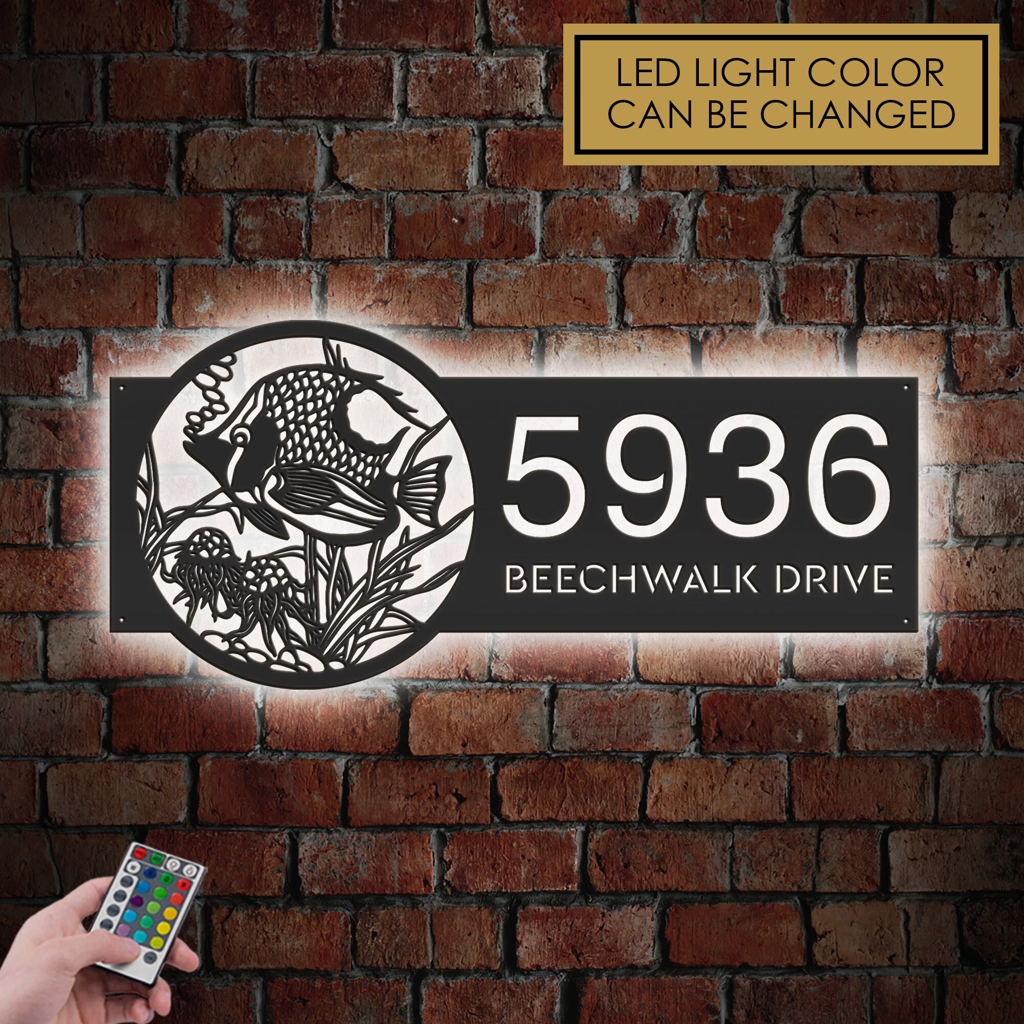 Personalized Fish sea life Metal Address Sign With LED lights House number Hanging Address Plaque