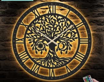 Black Large Tree of Life Sun and Moon Metal Wall Clock LED lights, Modern   Wall Clock, Home Decor, Minimalist Wall Clocks Art