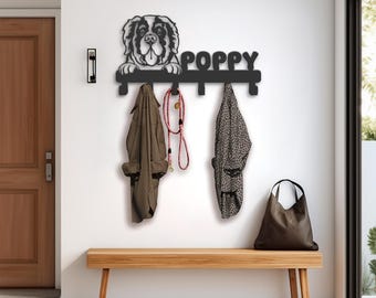 Personalized Saint Bernard Metal Coat Rack, Dog Leash Holder
