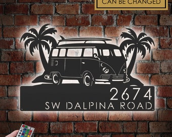 Personalized Beach Van Metal Address Sign with LED Lights