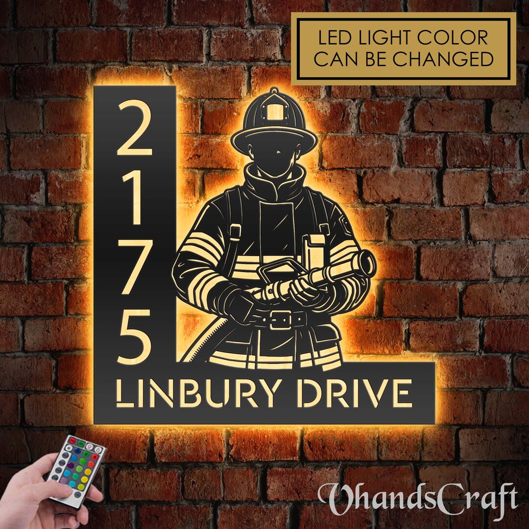 Personalized Firefighter Address Sign With LED Lights - Custom Metal ...
