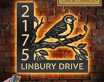 Personalized Sparrow Bird LED Address Sign - Custom Metal House Number Plaque