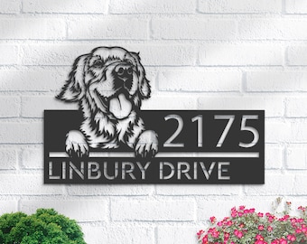 Personalized Golden Retriever Metal Address Sign, House Number Plaque