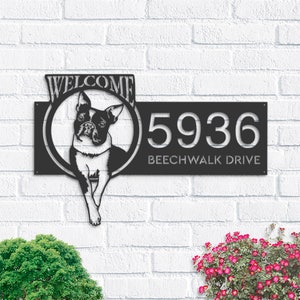 Personalized Boston Terrier dog welcome Metal Address Sign House Number, Hanging Address Plaque | Yard Sign, Outdoor Sign | Garden Stake