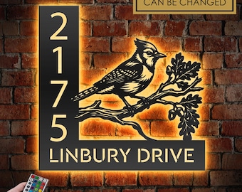 Personalized Blue Jay Bird LED Address Sign - Custom Metal House Number Plaque