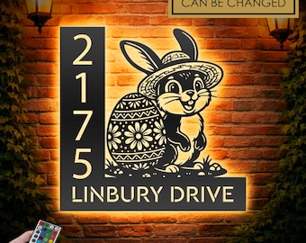 Personalized Easter Bunny LED Address Sign - Custom Metal House Number Plaque