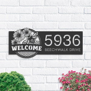 Personalized Bee hive honeycomb farmhouse Farm Ranch Metal Address Sign | Hanging Address Plaque | Yard Sign, Outdoor Sign | Garden Stake
