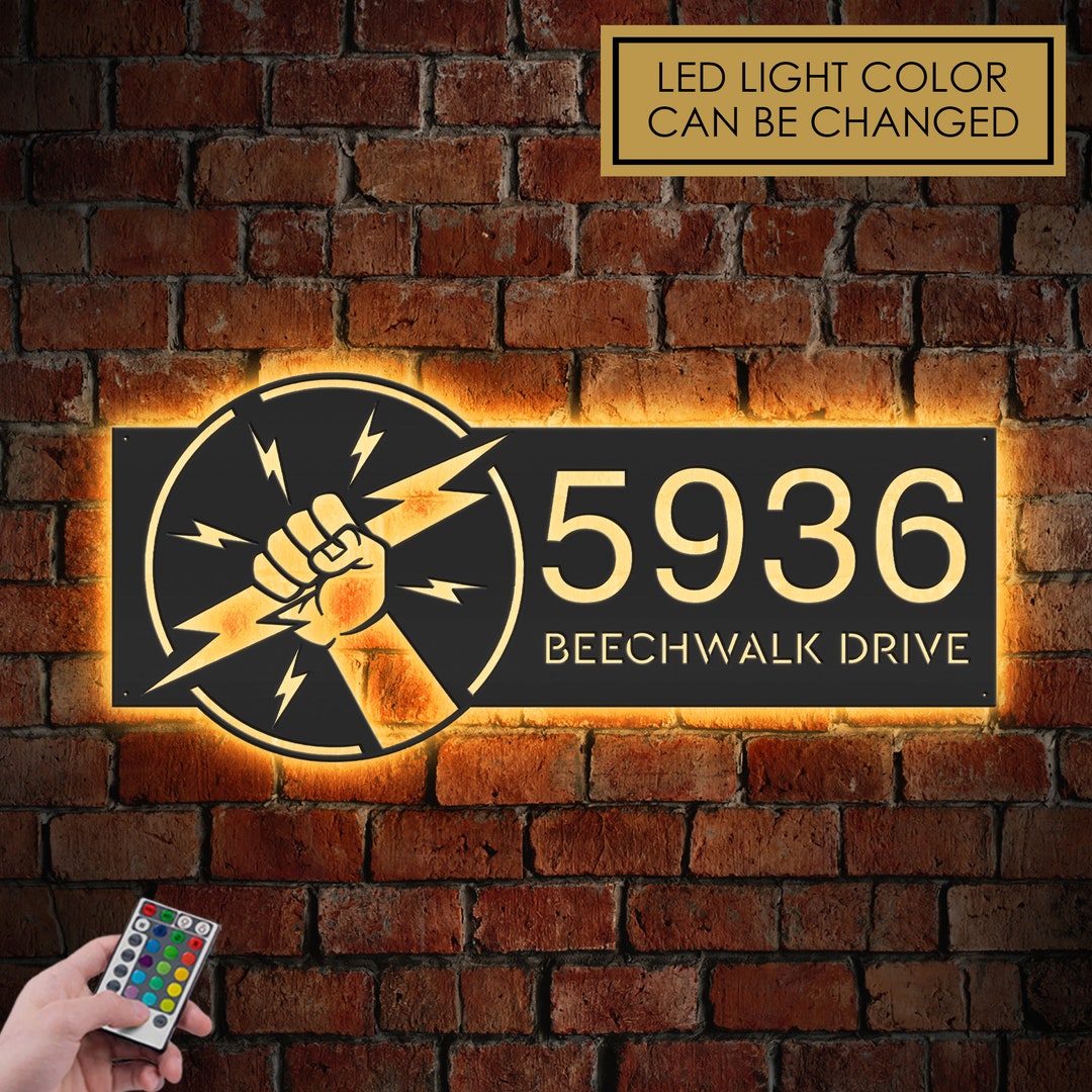 Personalized LED Metal Address Sign, Electrician Symbol, House Number ...