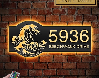 Personalized Wave Metal Address Sign With LED lights House number Hanging Address Plaque