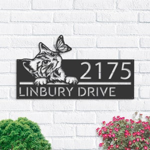 Personalized Cat Curious Kitten with butterfly Metal Address Sign House number Hanging Address Plaque Yard Sign Outdoor Sign Garden Stake
