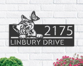 Personalized Metal Cat Address Sign, House Number Plaque, Garden Stake