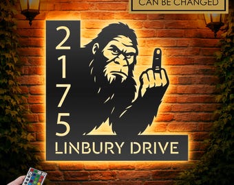 Personalized Bigfoot Peeking Funny Middle Finger LED Address Sign - Custom Metal House Number Plaque