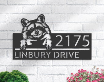 Personalized Peeking Raccoon Metal Address Sign | Custom Hanging Plaque