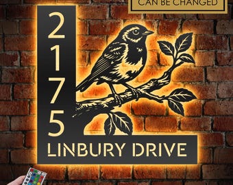 Personalized Robin Bird LED Address Sign - Custom Metal House Number Plaque