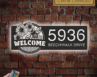 Personalized Floral Bee Metal Address Sign with LED Lights