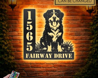 Personalized Bernese Mountain Dog Address Sign – Custom Metal Plaque with LED Lights