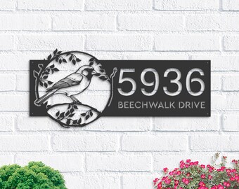 Personalized Metal Address Sign, Bird on Branch, House Number Plaque