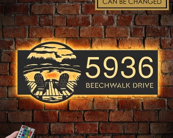 Personalized Forest with Chairs Dock on Lake Scene Metal Address Sign With LED lights House number Hanging Address Plaque