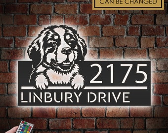 Personalized Bernese Mountain Dog Metal Address Sign with LED Lights