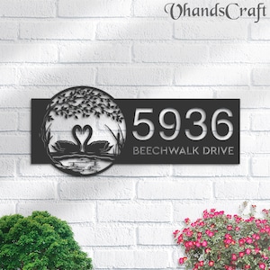 Personalized Tree and Swan Couple on Lake Metal Address Sign House Number, Hanging Address Plaque | Yard Sign, Outdoor Sign| Garden Stake