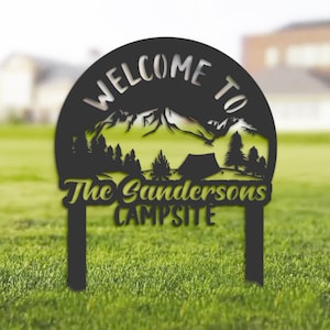 Personalized Welcome to our campsite camping tent custom name camper&#39;s sign, Camp sign with stakes outdoor adventure travel family sign
