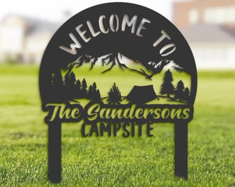 Personalized Metal Campsite Sign, Custom Camping Family Name Sign
