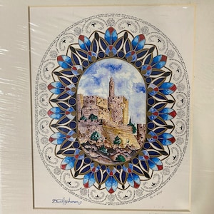 May include: An artistic print of a Middle Eastern city scene, featuring a stone tower and buildings under a blue sky. The artwork is framed by a decorative border of blue, red, and gold elements, with script around the border. Signed by David Yohanaz.