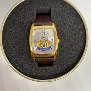Disneyland 50th Anniversary Watch Brown Leather Strap & Commemorative Tin Box Disneyland 50th Anniversary Watch in Original Tin and Box | eBay main image 2