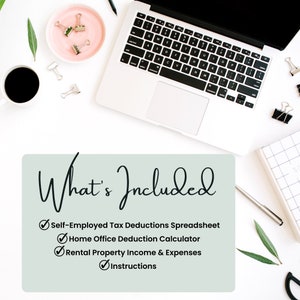 Op de afbeelding: Een lichtgroene kaart met de tekst "What's Included" in zwarte cursieve letters. Eronder staat een checklist met vier items: "Self-Employed Tax Deductions Spreadsheet", "Home Office Deduction Calculator", "Rental Property Income & Expenses" en "Instructions".