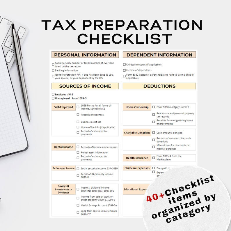 Tax Prep Checklist Personal Tax Return Tax Organizer Tax