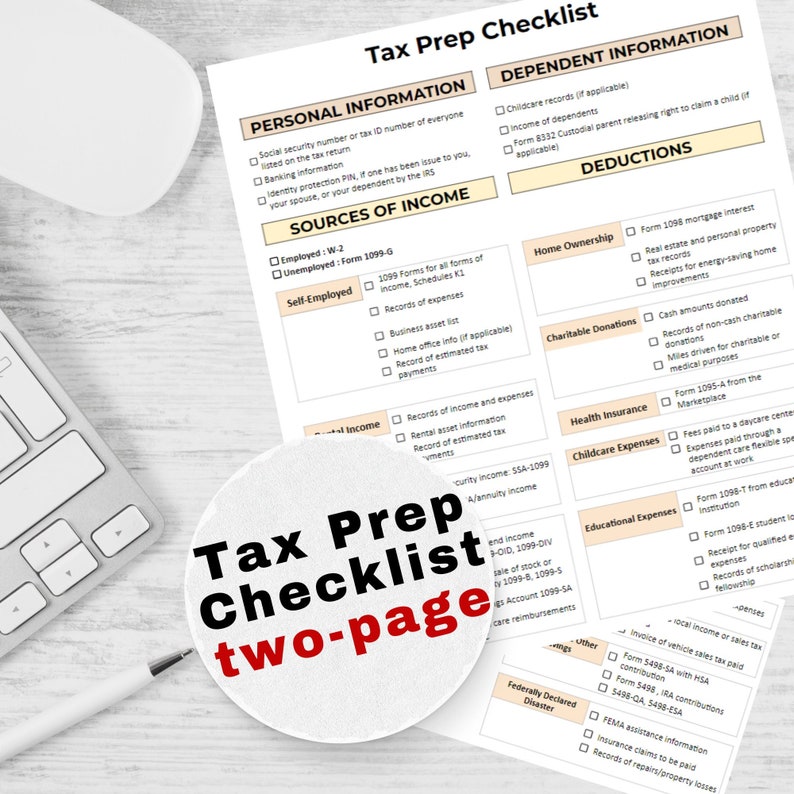 Tax Prep Checklist Personal Tax Return Tax Organizer Tax