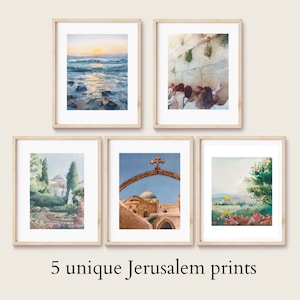 Jerusalem art prints, gifts for Christian Israel travelers. Christmas gift art of western wall, Sea of Galilee, Holy Sepulchre.