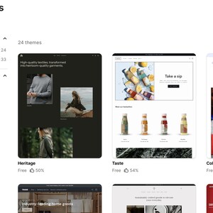 May include: A digital interface displaying a web page titled Browse all themes with a sidebar containing price and industry filters. The main area shows a grid of website theme previews including Heritage, Taste, and Colorblock with associated text.