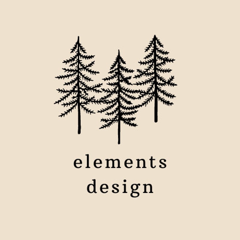 May include: Black and white illustration of three pine trees with the text "elements design" below.