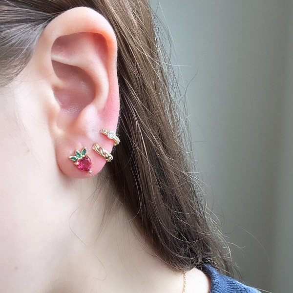 Earrings SET, 18k Gold Earrings SET, Trendy gift for Her, Earrings fir kids, Strawberry Earrings Gift for Kids, Gold Strawberry Jewelry