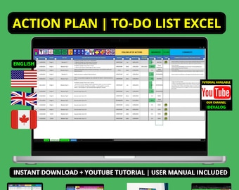 Plan d'Action Excel  |  Liste des tâches  |  TODO Liste  |  Planificateur d'action  |  Plan d'action professionel  |  Todo list / To do