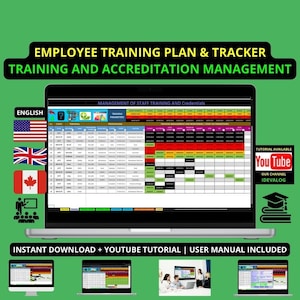 May include: A computer screen displaying a spreadsheet with the title "Management of Staff Training and Credentials". The spreadsheet includes columns for employee information, training parameters, and training management and monitoring. The image also includes a YouTube logo and the text "Tutorial Available".