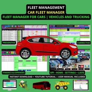 May include: An advertisement for car fleet management software. The image shows a red car, software interface screenshots, and vehicle icons. Text includes "Fleet Manager for Cars" and "User Manual Included". The background is green.