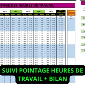 Peut inclure: Un tableur de suivi des heures de travail imprimable bleu et blanc avec le titre "SUIVI POINTAGE DES HEURES DE TRAVAIL" et "SUIVI POINTAGE HEURES DE TRAVAIL + BILAN". Le tableur est divisé en colonnes pour chaque jour de la semaine et chaque heure de la journée. Il y a une section pour le total des heures travaillées par jour et par semaine. Le tableur comprend également une section pour le suivi des heures travaillées pour chaque mois de l'année. Le tableur est conçu pour être imprimé et utilisé pour suivre les heures de travail.