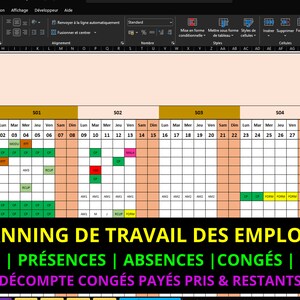 May include: A spreadsheet with a calendar for the year 2023. The spreadsheet is titled "Planning de Travail des Employés" and includes the text "Présences | Absences | Congés | Décompte Congés Payés Pris & Restants".