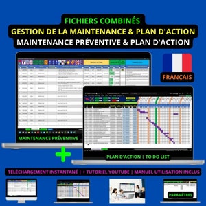 Peut inclure: Une image numérique montrant deux écrans d'ordinateur affichant des feuilles de calcul pour la gestion de la maintenance et des plans d'action. Les écrans sont intitulés "Maintenance Préventive" et "Plan d'Action | To Do List". L'image comprend également un drapeau français et le mot "FRANÇAIS".