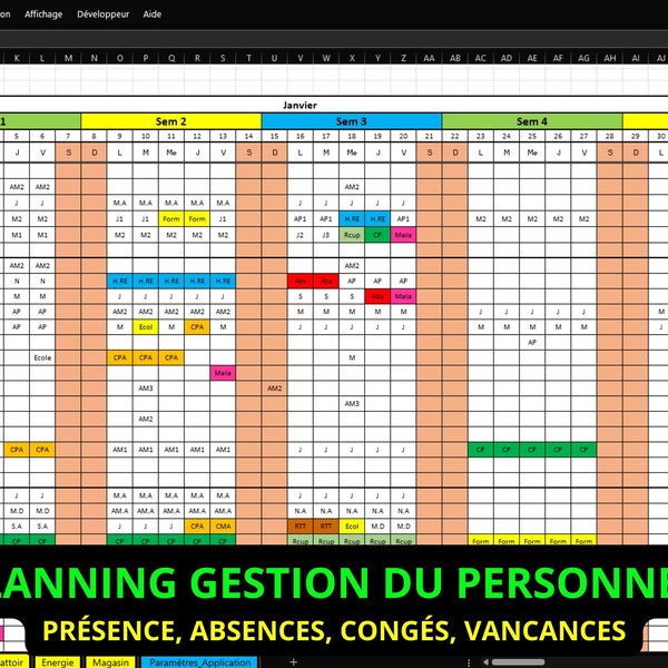 Planning de travail, congés et absences sur Excel  / Planning de travail sur Excel / Planning de congés sur Excel / Planning du personnel