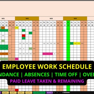 Peut inclure: Une feuille de calcul colorée avec le titre "EMPLOYEE WORK SCHEDULE" et le sous-titre "ATTENDANCE | ABSENCES | TIME OFF | OVERTIME PAID LEAVE TAKEN & REMAINING". La feuille de calcul est divisée en colonnes pour chaque semaine de janvier et février 2024. Chaque ligne représente un employé différent, avec son nom et ses informations de congé.