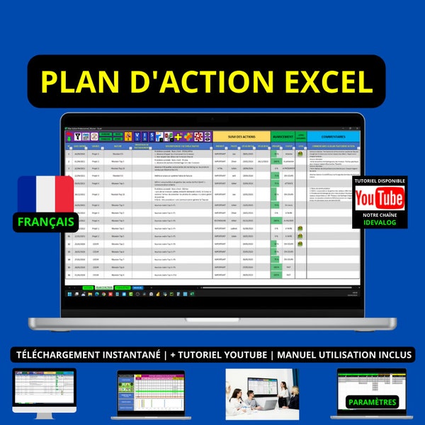 Plan d'Action Excel Multi-Langues, Liste des tâches / TODO Liste / Planificateur d'action / Plan d'action professionel / Todo list / To do