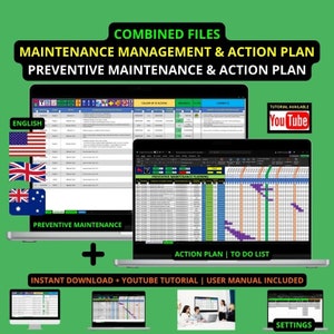 Peut inclure: Un téléchargement numérique d'un modèle de gestion de la maintenance et de plan d'action. Le modèle comprend une section de planification de la maintenance préventive et un plan d'action ou une liste de tâches à faire. Le modèle est disponible en anglais, avec un tutoriel YouTube et un manuel d'utilisation inclus.
