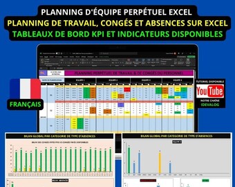Multi-year work schedule for leave and absences with KPI indicators on Excel | Work and leave schedule with KPI dashboards