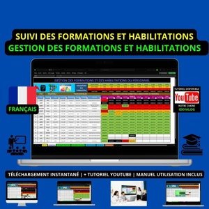 Peut inclure: Un écran d'ordinateur portable affichant une feuille de calcul avec le titre "Gestion des formations et des habilitations du personnel". La feuille de calcul est en français et comprend des colonnes pour le nom de l'employé, le titre du poste, les dates de formation et les certifications. L'image comprend également un logo YouTube et le texte "Tutotiel disponible".